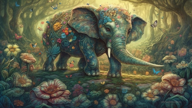 Une peinture d'un éléphant avec des fleurs dessus