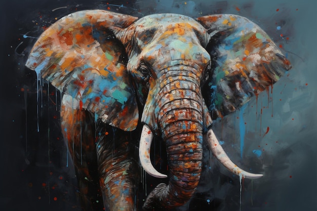 Une peinture d'un éléphant avec un fond bleu et le mot éléphant dessus.