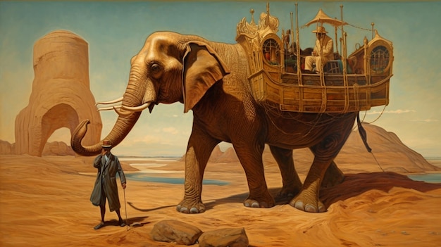 Une peinture d'un éléphant avec un homme dessus