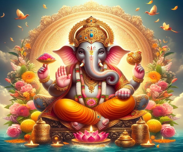 une peinture d'un éléphant avec une image d'un dieu en arrière-plan