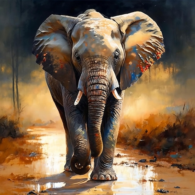 Une peinture d'un éléphant marchant sous la pluie