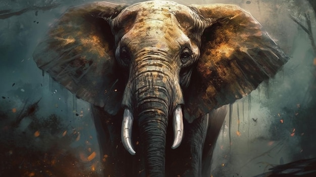 Une peinture d'un éléphant avec le mot éléphant sur le devant.