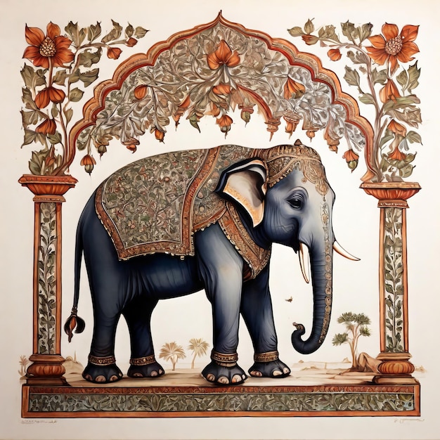 peinture d'éléphant de paon moghol sur fond blanc avec la technologie générative de l'IA