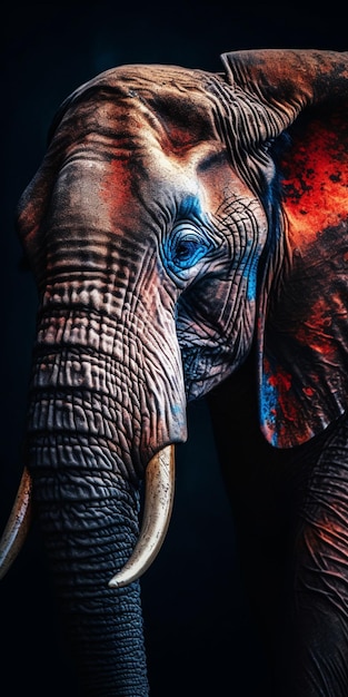 Une peinture d'un éléphant avec des taches bleues sur sa trompe