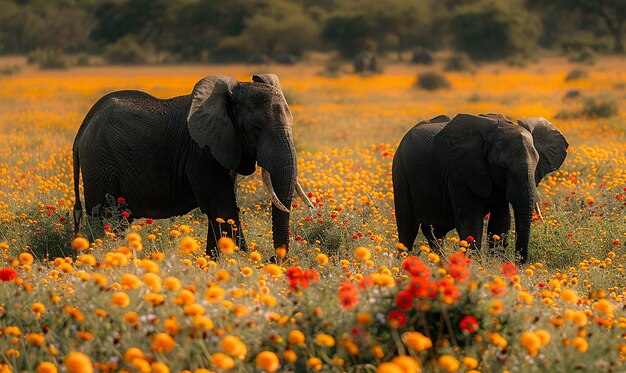 Photo une peinture d'éléphants avec un coucher de soleil en arrière-plan