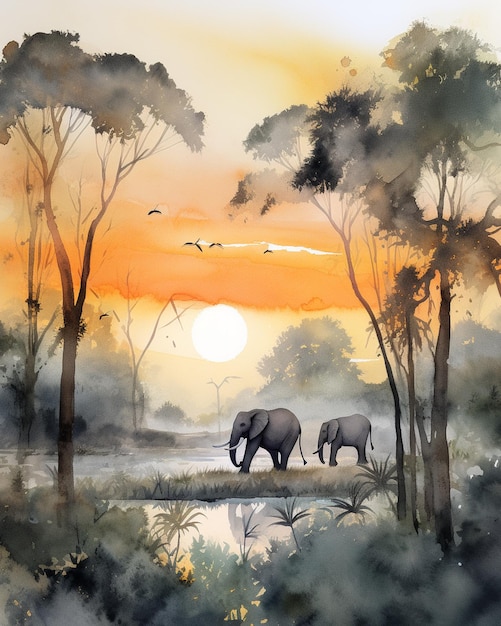 Une peinture d'éléphants dans une jungle avec un coucher de soleil en arrière-plan.