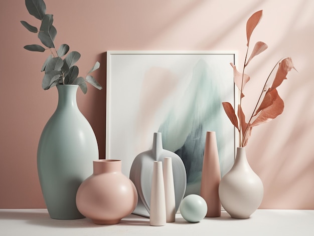 Une peinture encadrée avec un vase sur la table