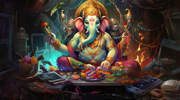 Une peinture enchanteresse d'un éléphant sur une table avec une touche divine