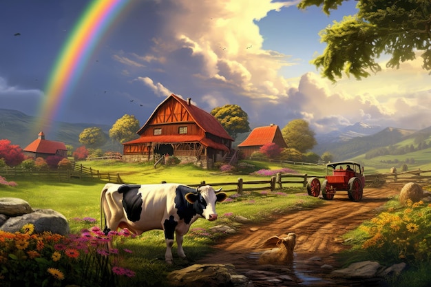 Une peinture enchanteuse capturant une scène de ferme avec une vache et un tracteur au milieu d'un environnement pittoresque Une scène de ferme paisible avec des vaches paissant sous un arc-en-ciel généré par l'IA