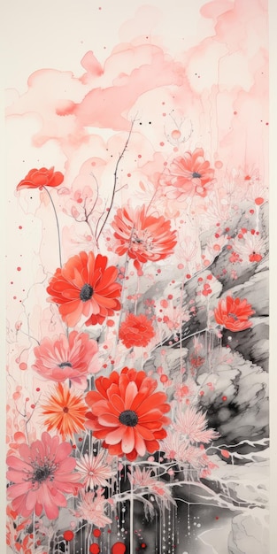 Photo peinture à l'encre abstraite de fleurs rouges sur un mur asiatique