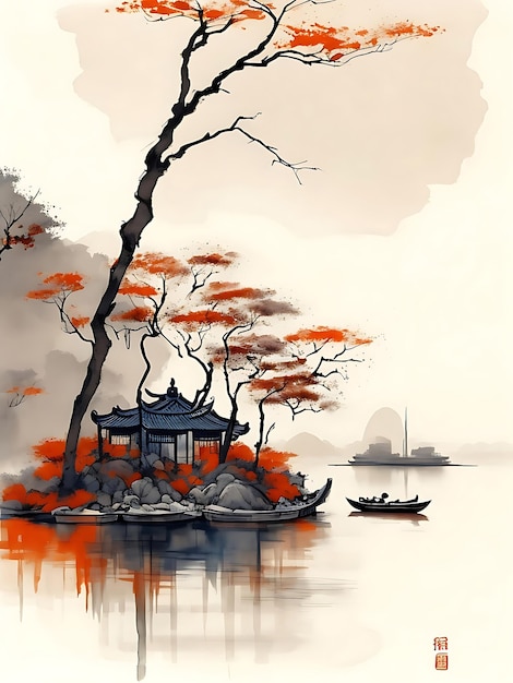 Photo peinture à l'encre chinoise avec bateau ai image générative