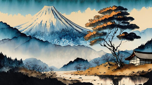 Photo peinture à l'encre chinoise montagnes majestueuses forêts luxuriantes