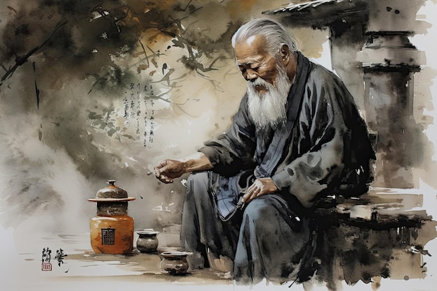Cette peinture à l'encre chinoise traditionnelle représente un vieil homme chinois exécutant une cérémonie du thé Créée à l'aide d'encre dans le style de la peinture traditionnelle chinoise Générée à l'aide de l'IA générative