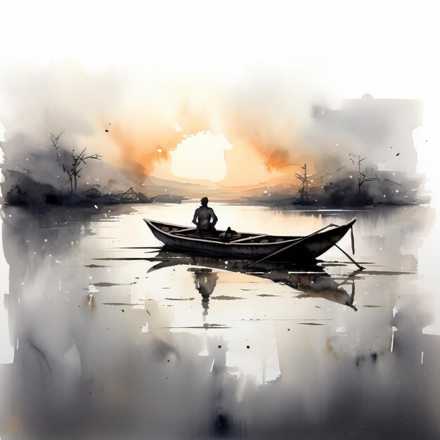 Photo peinture à l'encre colorée d'un vieil homme dans un bateau au coucher du soleil