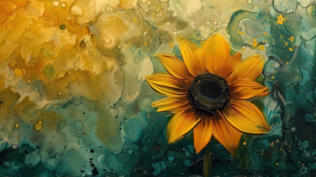 Peinture à l'encre d'un tournesol miniature avec des couleurs contrastées et un fond coloré à effet de marbre