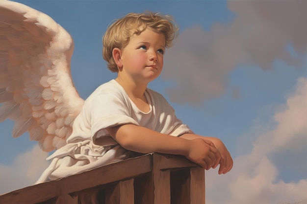 Une peinture d'un enfant avec des ailes d'ange sur la tête