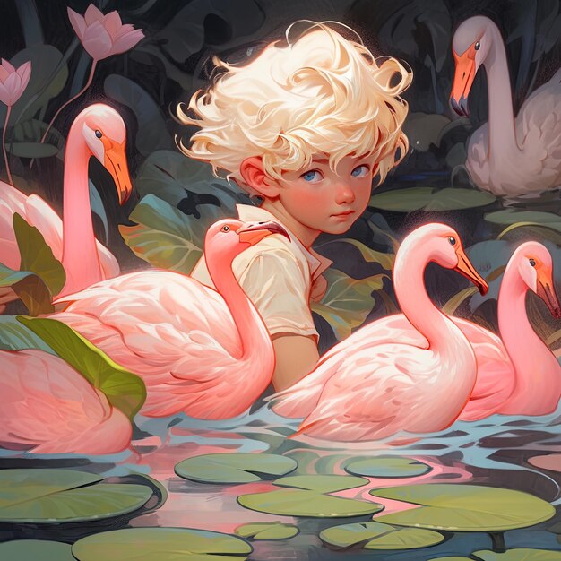 Photo une peinture d'un enfant avec des cheveux blonds et des flamants roses