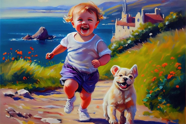 Une peinture d'un enfant courant avec un chien sur la plage.