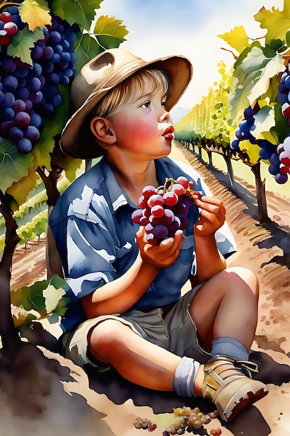 Peinture d'un enfant mangeant des raisins dans un vignoble style aquarelle