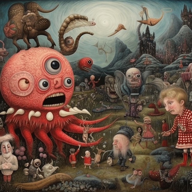 Peinture d'un enfant et d'une pieuvre géante entourés d'autres créatures générative ai