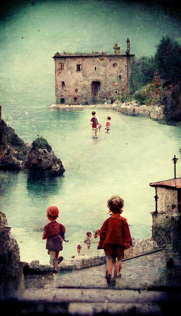 Photo une peinture d'enfants jouant dans l'eau avec un château en arrière-plan