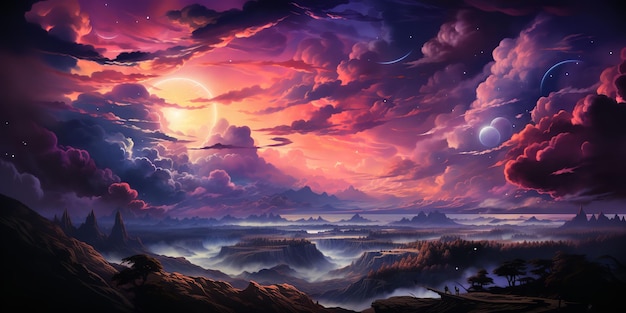 Une peinture époustouflante d'un coucher de soleil au-dessus d'une vallée avec des montagnes et des nuages aux teintes vives