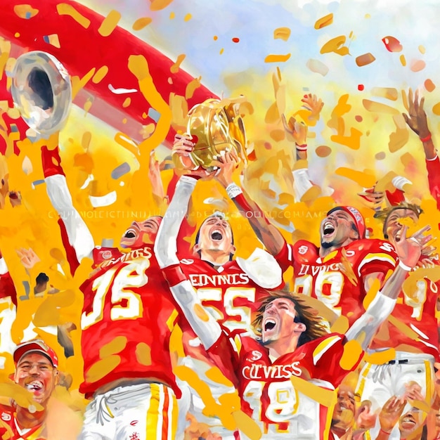 Une peinture d'une équipe de football célébrant avec les mots " omega " sur le dessus.