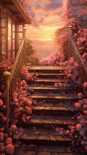 Une peinture d'un escalier avec des fleurs dessus