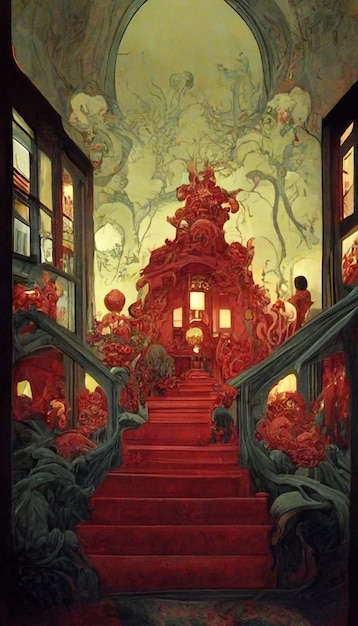 Une peinture d'un escalier rouge avec un escalier rouge au milieu.