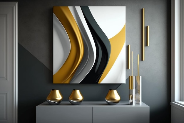 Une peinture est accrochée au mur avec des accents d'or et d'argent.