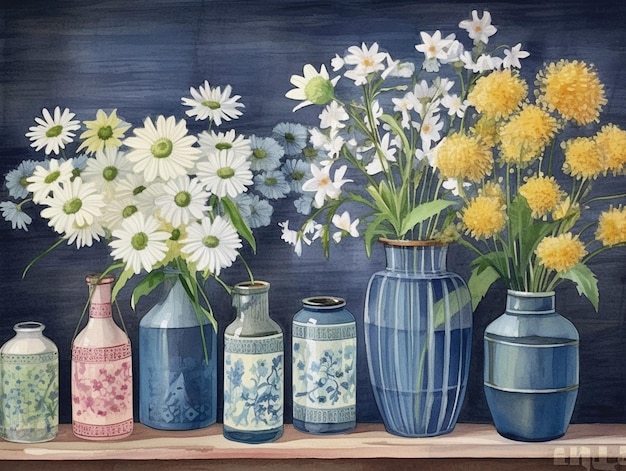 peinture d'une étagère avec des vases et des fleurs dessus ai générative
