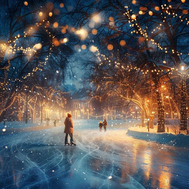Peinture éthérée de patinage sur glace en nuit d'hiver