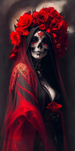 Une peinture éthérée surréaliste d'une déesse mexicaine de la mort katrina