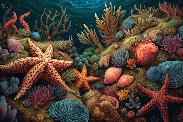 Une peinture d'une étoile de mer et de coquillages