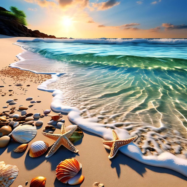 Photo une peinture d'étoile de mer et d'é toile de mer sur une plage avec le soleil couchant derrière eux