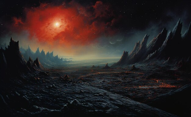 peinture d'une étoile rouge dans un ciel sombre avec des montagnes générative ai