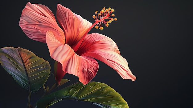 Photo une peinture étonnamment détaillée d'une fleur d'hibiscus les pétales sont d'une couleur rose foncé et les feuilles sont d'un vert riche