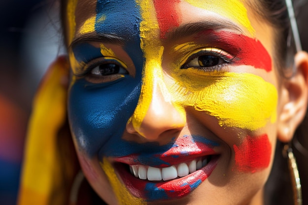 Peinture faciale sur le thème du drapeau colombien lors d'un festival