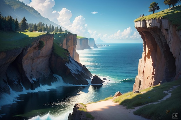 Une peinture d'une falaise avec une cascade en arrière-plan