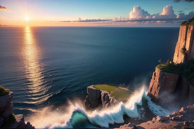 Une peinture d'une falaise avec une vague qui s'écrase contre elle