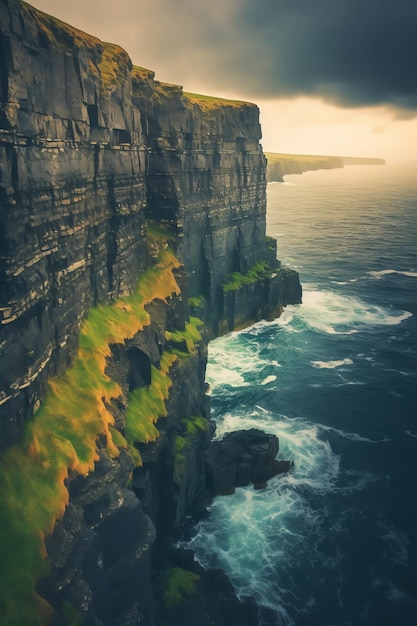 Une peinture de falaises avec une plante verte sur la falaise