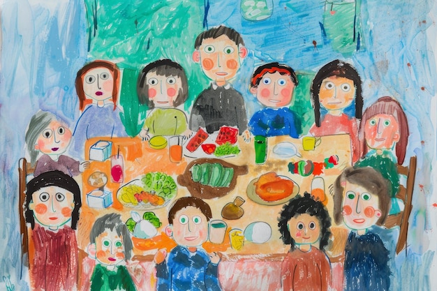 Une peinture d'une famille assise autour d'une table avec de la nourriture