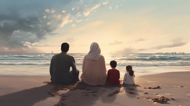 Peinture d'une famille assise sur la plage regardant le coucher du soleil.