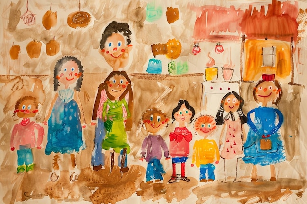 Une peinture d'une famille avec une femme tenant un sac à main