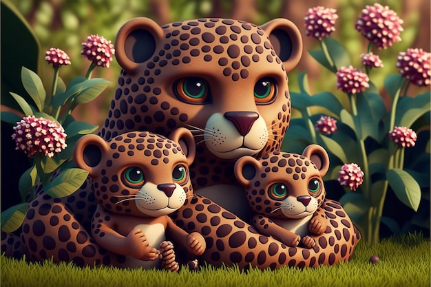 Une peinture d'une famille de léopards avec une famille de bébés léopards.