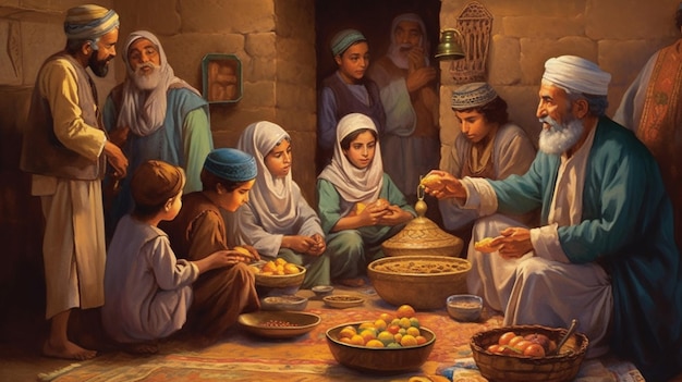 Une peinture d'une famille mangeant de la nourriture.