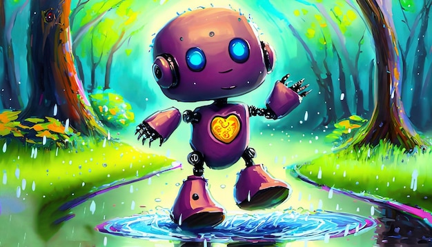 Une peinture fantastique d'un mignon robot en galoshes sautant dans une flaque d'eau un jour de pluie humide T-shirt