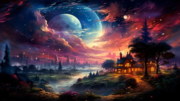 Photo peinture fantastique d'un paysage fantastique illustration conception artistique