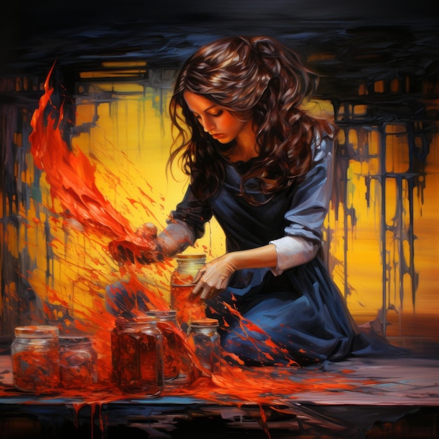 Photo peinture fantastique romantique femme travaillant avec de la peinture rouge et du feu