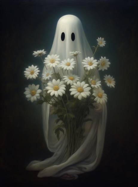 peinture d'un fantôme avec des marguerites dans un vase avec un tissu drapé autour de lui IA générative
